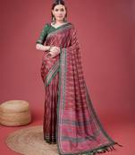 Maroon Ikat Silk Self Design With Golden Border Saree For Women With Blouse Piece