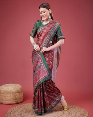 Maroon Ikat Silk Self Design With Golden Border Saree For Women With Blouse Piece 2