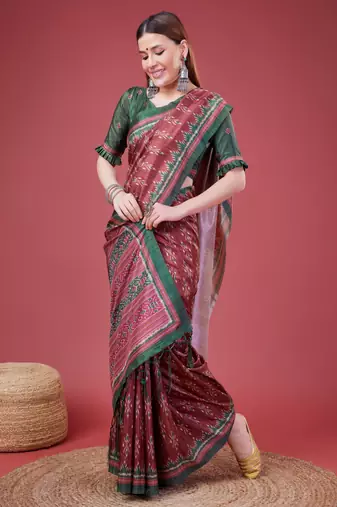 Maroon Ikat Silk Self Design With Golden Border Saree For Women With Blouse Piece
