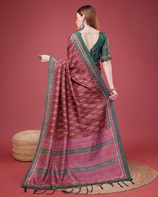 Maroon Ikat Silk Self Design With Golden Border Saree For Women With Blouse Piece 3