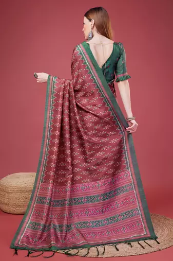 Maroon Ikat Silk Self Design With Golden Border Saree For Women With Blouse Piece