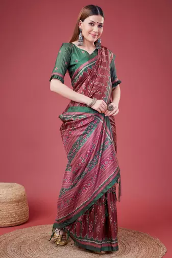 Maroon Ikat Silk Self Design With Golden Border Saree For Women With Blouse Piece