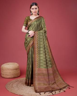 Mehendi Ikat Silk Self Design With Golden Border Saree For Women With Blouse Piece 1