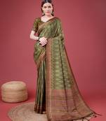 Mehendi Ikat Silk Self Design With Golden Border Saree For Women With Blouse Piece