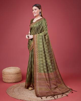 Mehendi Ikat Silk Self Design With Golden Border Saree For Women With Blouse Piece 2