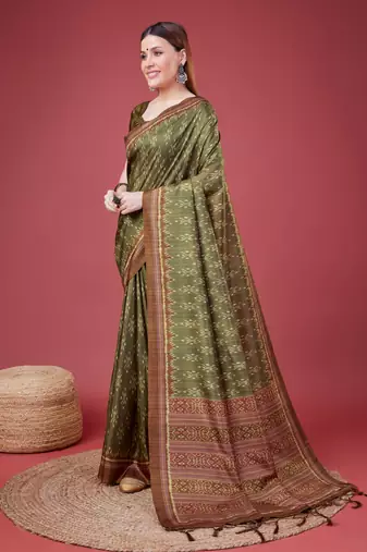 Mehendi Ikat Silk Self Design With Golden Border Saree For Women With Blouse Piece