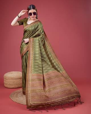 Mehendi Ikat Silk Self Design With Golden Border Saree For Women With Blouse Piece 3