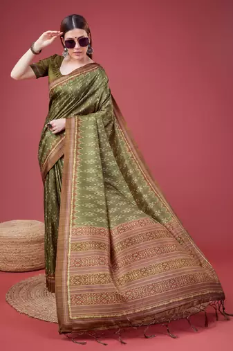 Mehendi Ikat Silk Self Design With Golden Border Saree For Women With Blouse Piece