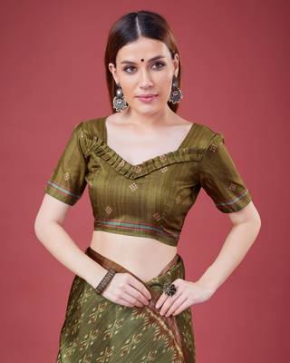 Mehendi Ikat Silk Self Design With Golden Border Saree For Women With Blouse Piece 4