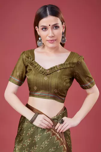 Mehendi Ikat Silk Self Design With Golden Border Saree For Women With Blouse Piece
