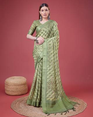 Green Geometric And Floral Printed Silk Self Design With Golden Border Saree For Women With Blouse Piece 1