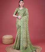 Green Geometric And Floral Printed Silk Self Design With Golden Border Saree For Women With Blouse Piece