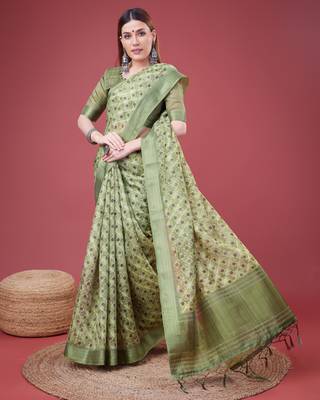 Green Geometric And Floral Printed Silk Self Design With Golden Border Saree For Women With Blouse Piece 2