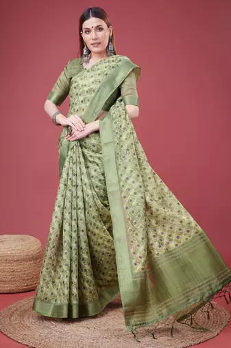 Green Geometric And Floral Printed Silk Self Design With Golden Border Saree For Women With Blouse Piece