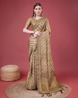 Brown Geometric And Floral Printed Silk Self Design With Golden Border Saree For Women With Blouse Piece 1