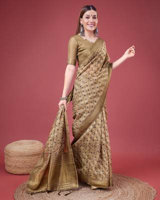 Brown Geometric And Floral Printed Silk Self Design With Golden Border Saree For Women With Blouse Piece 2