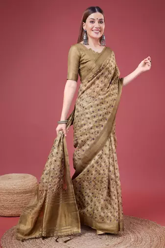 Brown Geometric And Floral Printed Silk Self Design With Golden Border Saree For Women With Blouse Piece