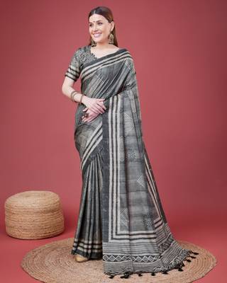 Grey Geometric And Floral Printed Silk Self Design With Golden Border Saree For Women With Blouse Piece 1