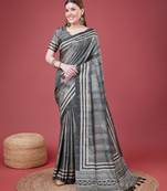Grey Geometric And Floral Printed Silk Self Design With Golden Border Saree For Women With Blouse Piece