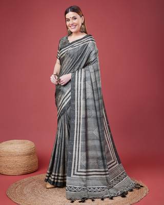Grey Geometric And Floral Printed Silk Self Design With Golden Border Saree For Women With Blouse Piece 2