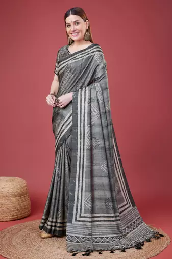 Grey Geometric And Floral Printed Silk Self Design With Golden Border Saree For Women With Blouse Piece