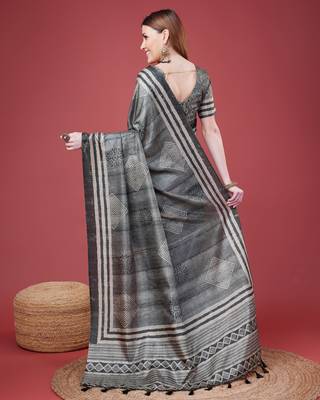 Grey Geometric And Floral Printed Silk Self Design With Golden Border Saree For Women With Blouse Piece 3