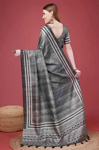 Grey Geometric And Floral Printed Silk Self Design With Golden Border Saree For Women With Blouse Piece