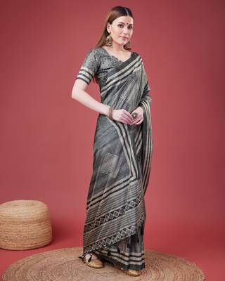 Grey Geometric And Floral Printed Silk Self Design With Golden Border Saree For Women With Blouse Piece 4