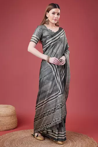 Grey Geometric And Floral Printed Silk Self Design With Golden Border Saree For Women With Blouse Piece