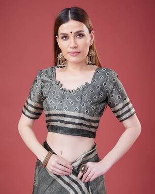 Grey Geometric And Floral Printed Silk Self Design With Golden Border Saree For Women With Blouse Piece 5