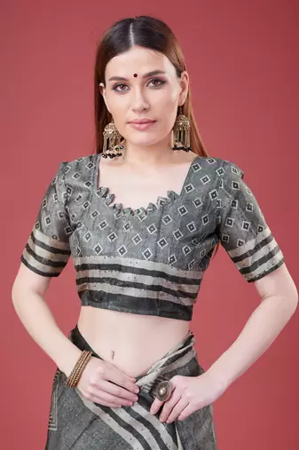 Grey Geometric And Floral Printed Silk Self Design With Golden Border Saree For Women With Blouse Piece