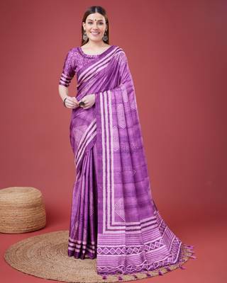 Purple Geometric And Floral Printed Silk Self Design With Golden Border Saree For Women With Blouse Piece 1
