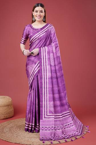 Purple Geometric And Floral Printed Silk Self Design With Golden Border Saree For Women With Blouse Piece