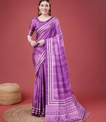 Purple Geometric And Floral Printed Silk Self Design With Golden Border Saree For Women With Blouse Piece