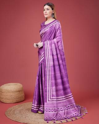 Purple Geometric And Floral Printed Silk Self Design With Golden Border Saree For Women With Blouse Piece 2