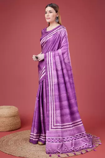 Purple Geometric And Floral Printed Silk Self Design With Golden Border Saree For Women With Blouse Piece