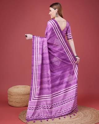 Purple Geometric And Floral Printed Silk Self Design With Golden Border Saree For Women With Blouse Piece 3