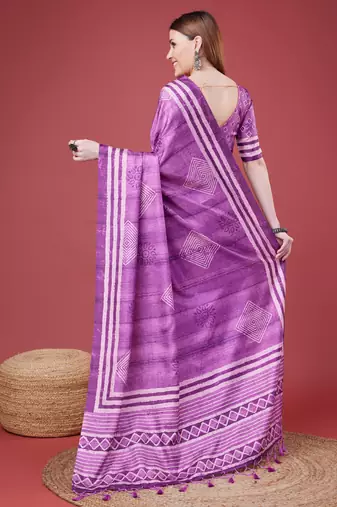 Purple Geometric And Floral Printed Silk Self Design With Golden Border Saree For Women With Blouse Piece