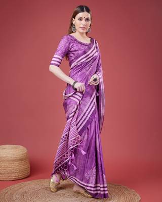 Purple Geometric And Floral Printed Silk Self Design With Golden Border Saree For Women With Blouse Piece 4