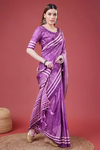 Purple Geometric And Floral Printed Silk Self Design With Golden Border Saree For Women With Blouse Piece