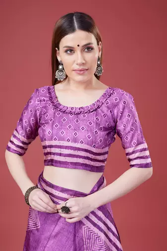 Purple Geometric And Floral Printed Silk Self Design With Golden Border Saree For Women With Blouse Piece