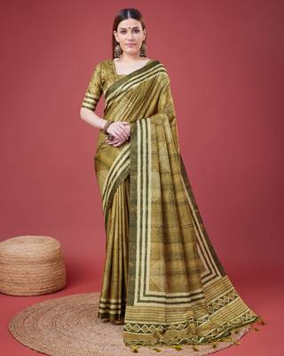 Mehendi Geometric And Floral Printed Silk Self Design With Golden Border Saree For Women With Blouse Piece 1
