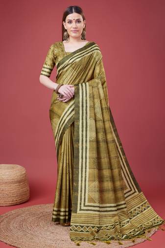 Mehendi Geometric And Floral Printed Silk Self Design With Golden Border Saree For Women With Blouse Piece