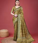 Mehendi Geometric And Floral Printed Silk Self Design With Golden Border Saree For Women With Blouse Piece