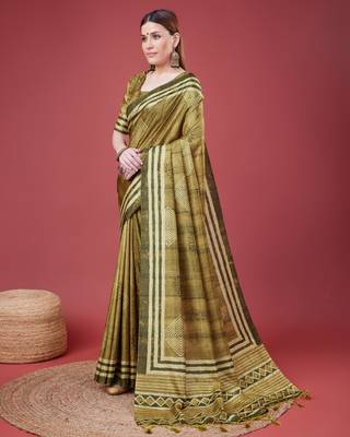 Mehendi Geometric And Floral Printed Silk Self Design With Golden Border Saree For Women With Blouse Piece 2
