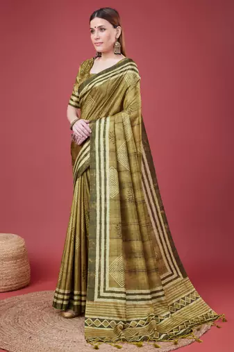 Mehendi Geometric And Floral Printed Silk Self Design With Golden Border Saree For Women With Blouse Piece