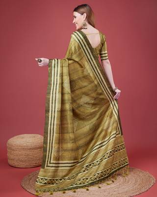 Mehendi Geometric And Floral Printed Silk Self Design With Golden Border Saree For Women With Blouse Piece 3
