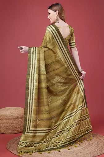Mehendi Geometric And Floral Printed Silk Self Design With Golden Border Saree For Women With Blouse Piece