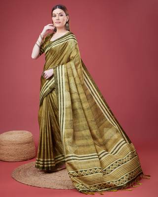 Mehendi Geometric And Floral Printed Silk Self Design With Golden Border Saree For Women With Blouse Piece 4