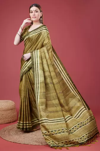 Mehendi Geometric And Floral Printed Silk Self Design With Golden Border Saree For Women With Blouse Piece